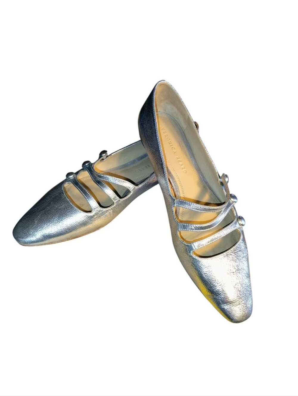 Veronica Beard Metallic Silver Crinkle Triple-Strap Mary Jane Flat Size 10 US 54 - Picture 4 of 16
